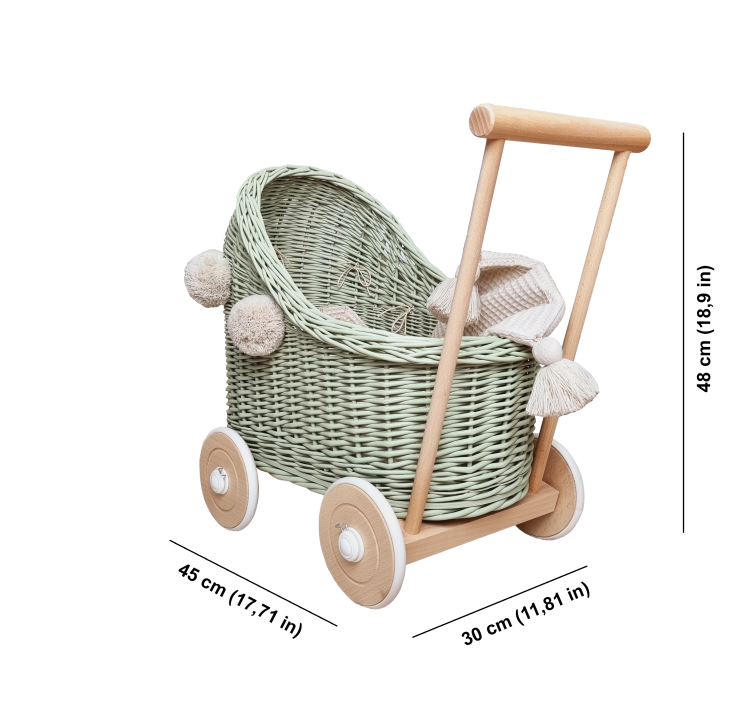 Wózek dla lalek pchacz oliwkowy_oliwka_pompony_pościel 2 białe tło wymiary.png