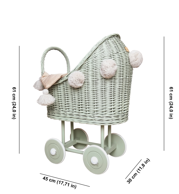 Wózek dla lalek wysoki oliwkowy_oliwka_pompony_pościel wymiary.png
