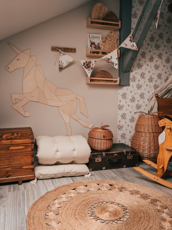 Drewniany koń jednorożec origami dekoracja ścienna do pokoju dziecka