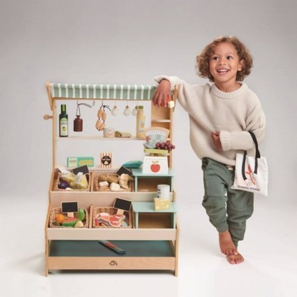 Duży drewniany sklep – stragan do zabawy Tender Leaf Toys z ladą, półkami i akcesoriami