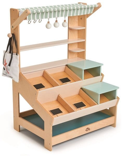 Duży drewniany sklep – stragan do zabawy Tender Leaf Toys z ladą, półkami i akcesoriami