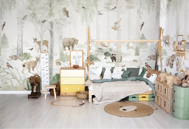 tapeta dla dziecka malumi zwierzęta w lesie Woodlet Family - Green
