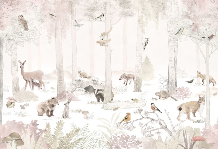 tapeta dla dziecka malumi w lesie ze zwierzętami Woodlet Family - Pink