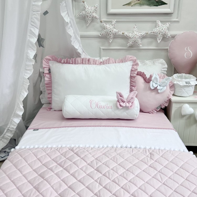 Pikowana narzuta Pudrowo Różowa z pomponami - różne wymiary