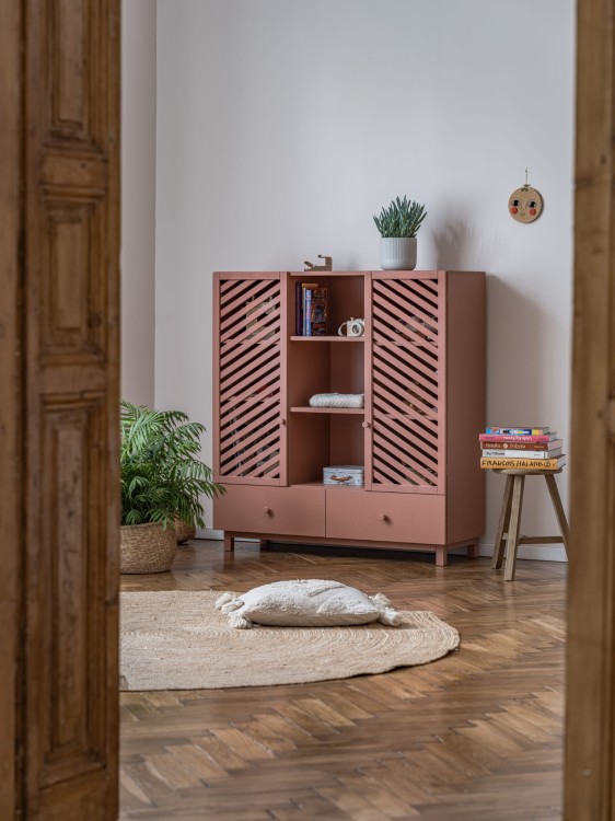 Drewniany regał biblioteczka/ gablotka dla dzieci Koralowa