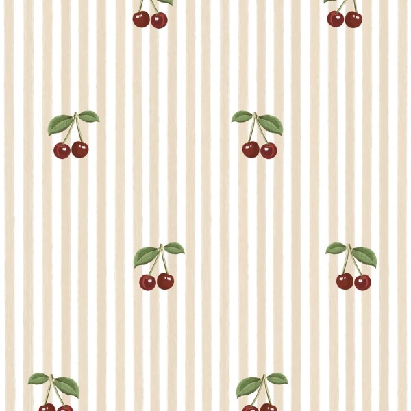 Tapeta Little Cherries on Pink Stripes do pokoju dziecka z motywem wisienek na delikatnych różowych paskach w stylu retro.