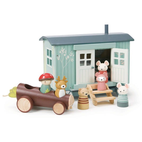 Chatka na kółkach dla myszek – Tender Leaf Toys z figurkami mysiej rodzinki i wyposażeniem wnętrza