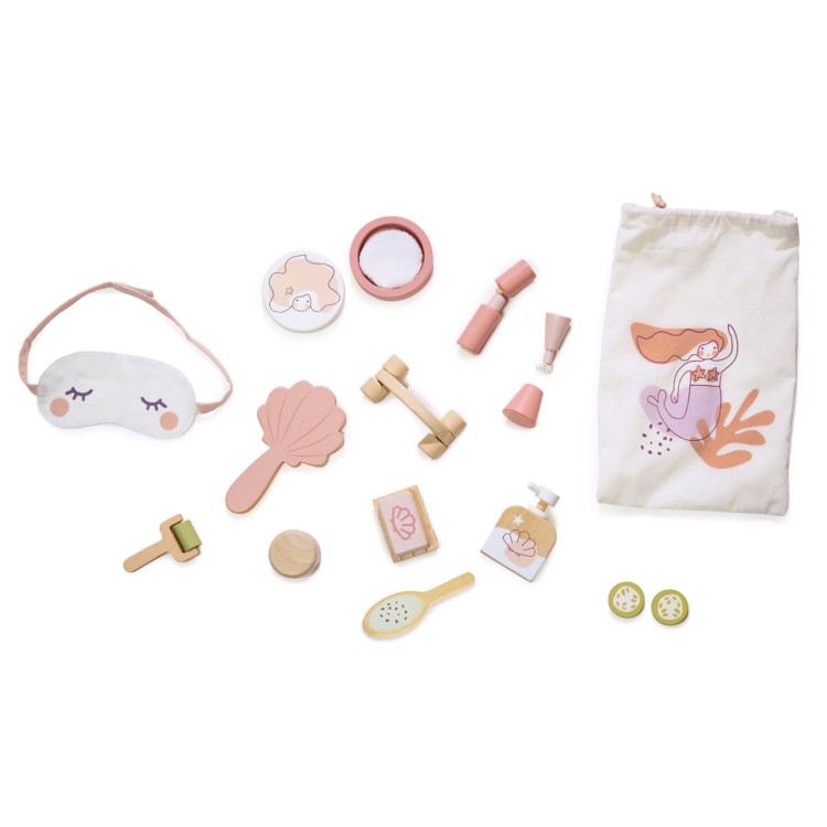 Drewniany zestaw SPA – Tender Leaf Toys z maską, wałkami, balsamem, peelingiem i akcesoriami do zabawy