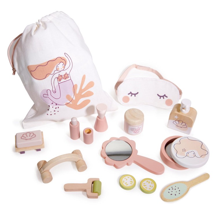 Drewniany zestaw SPA – Tender Leaf Toys z maską, wałkami, balsamem, peelingiem i akcesoriami do zabawy