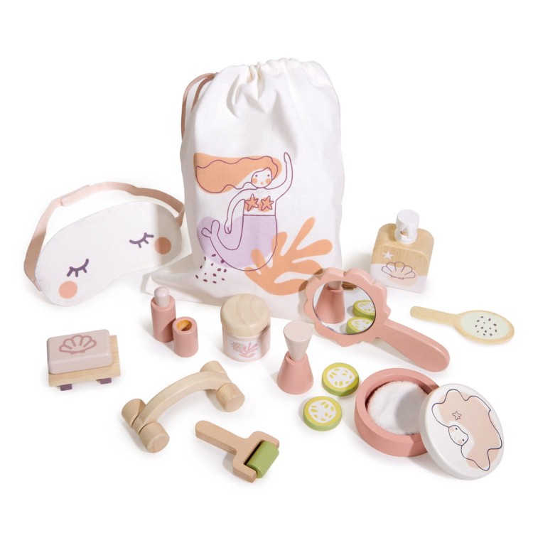 Drewniany zestaw SPA – Tender Leaf Toys z maską, wałkami, balsamem, peelingiem i akcesoriami do zabawy