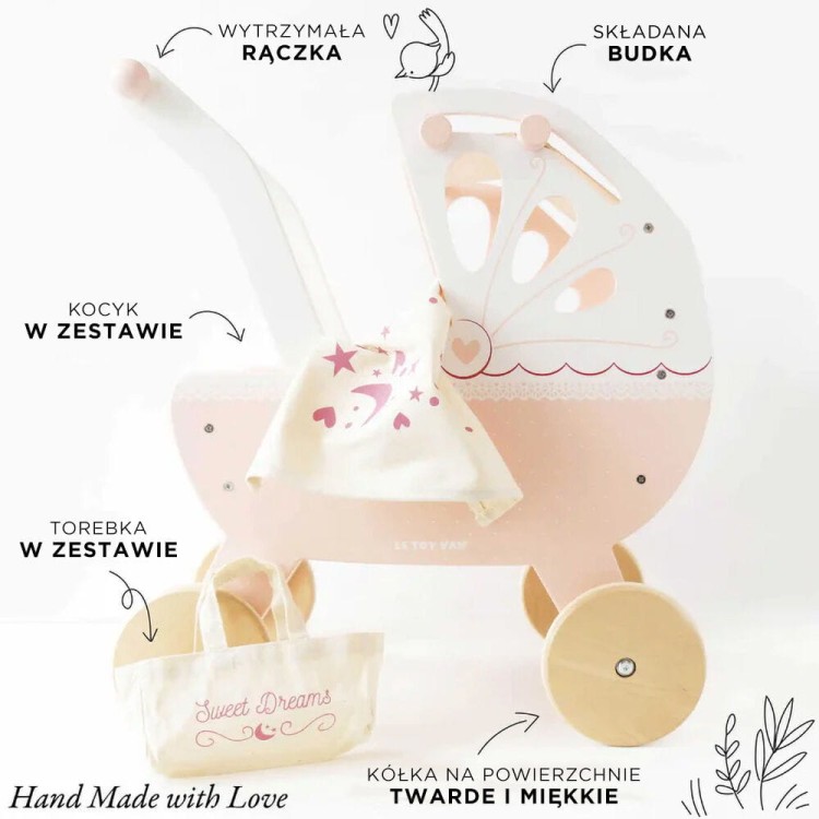 Drewniany wózek Le Toy Van z akcesoriami dla lalek do 35 cm