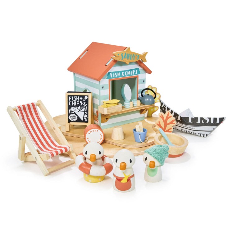 Drewniana restauracja na plaży – Tender Leaf Toys z mewami, leżakiem i akcesoriami plażowymi
