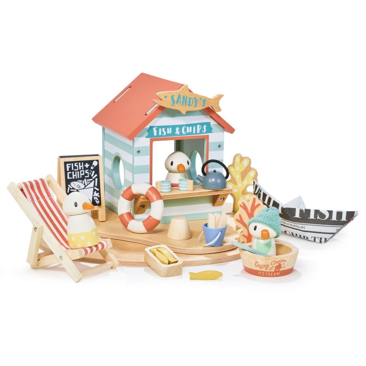 Drewniana restauracja na plaży – Tender Leaf Toys z mewami, leżakiem i akcesoriami plażowymi