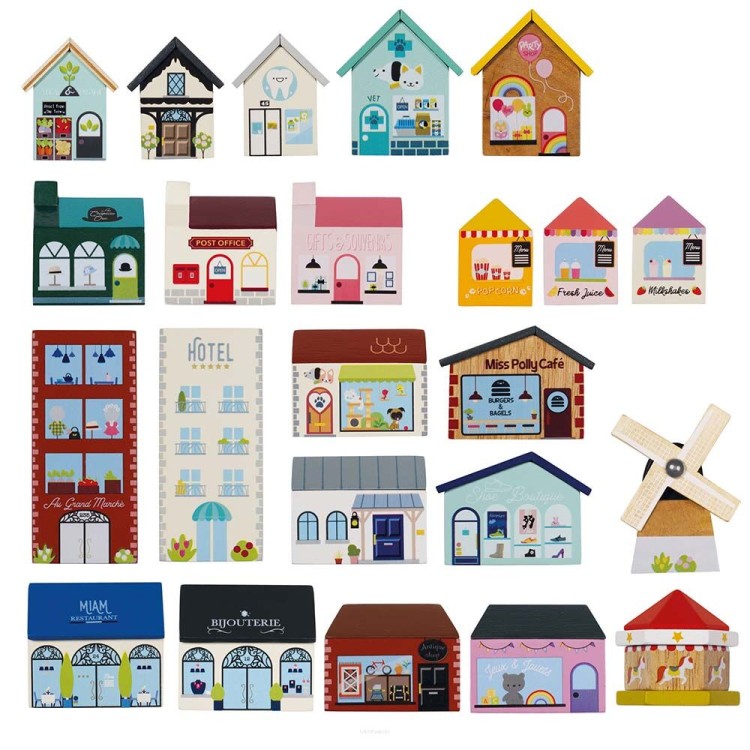 Drewniane tory i budynki z roślinnością – zestaw Le Toy Van 120 el.