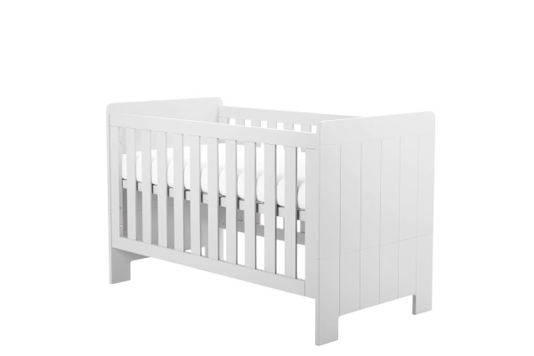 Białe łóżeczko-tapczanik Calmo 70x140 cm z regulowanym dnem, wyjmowanymi szczebelkami, możliwość montażu szuflady i barierki, funkcjonalne dla dziecka