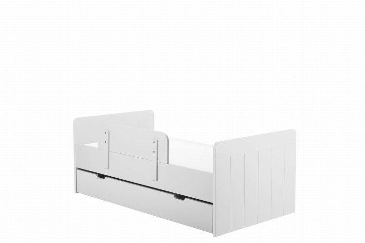 Białe łóżeczko-tapczanik Calmo 70x140 cm z regulowanym dnem, wyjmowanymi szczebelkami, możliwość montażu szuflady i barierki, funkcjonalne dla dziecka