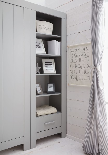 regał dziecięcy Calmo szary z półkami i szufladą do pokoju dziecka