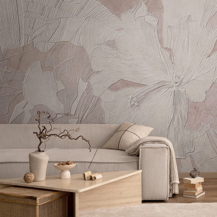 Tapeta Artystyczna Hibiscus - Shell Pink - Nowoczesna Tapeta Do Salonu I Sypialni Z Kwiatami Hibiskusa