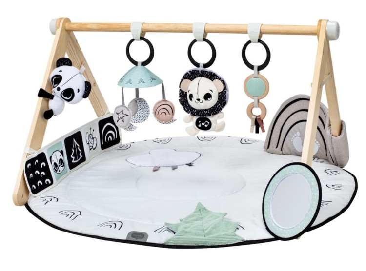 Tiny Love mata edukacyjna Décor czarno-biała z drewnianym stojakiem, miękka mata sensoryczna z zawieszkami, lusterkiem i muzycznym lwem