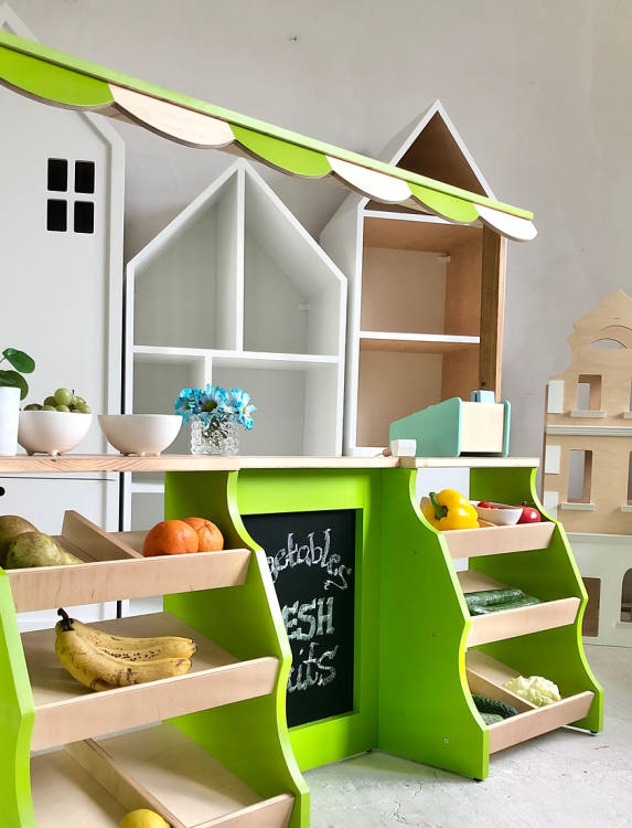 drewniany warzywniak Montessori dla dzieci w kolorze limonki