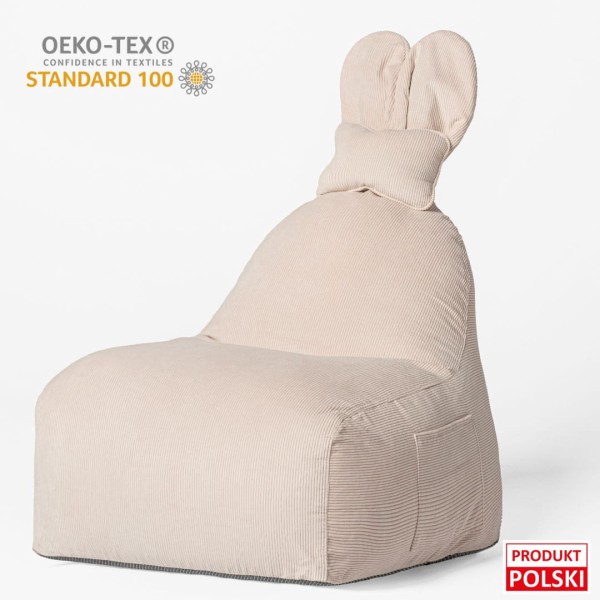 Pufa Bunny Sztruksowa beżowa z uszami króliczka – siedzisko do pokoju dziecka