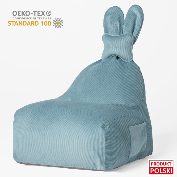 Pufa Bunny sztruksowa niebieska siedzisko z oparciem dla dziecka z uszami króliczka