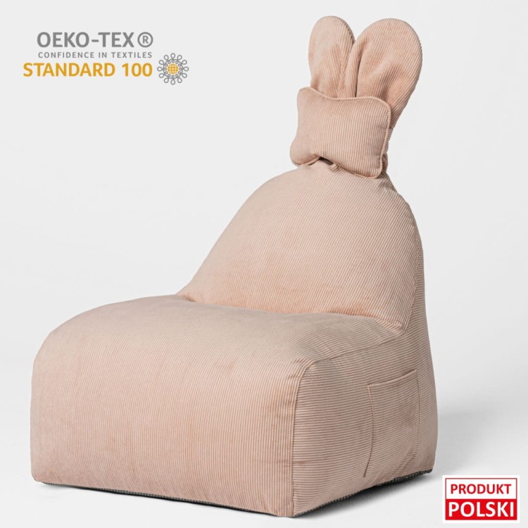 Pufa Bunny sztruksowa różowa siedzisko z oparciem dla dziecka z uszami króliczka