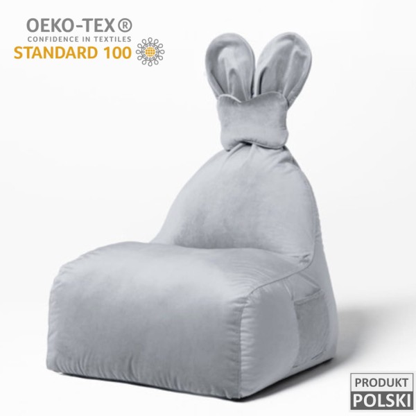 Pufa Bunny Velvet jasnoszara siedzisko z oparciem dla dziecka z uszami króliczka