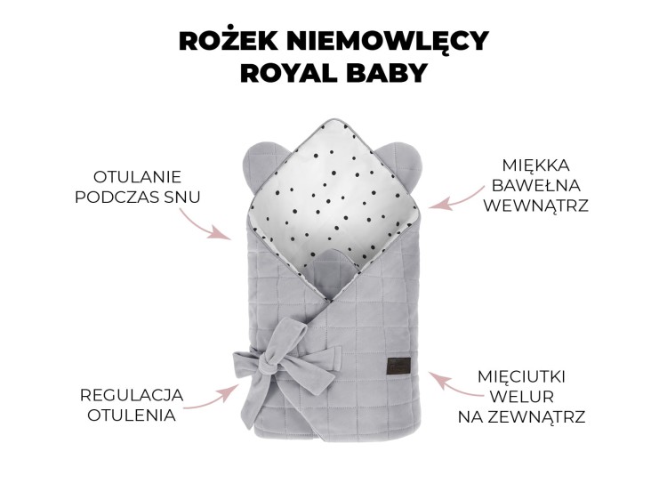 Rożek niemowlęcy Royal Baby Grey/Grey z miękkiego weluru z uszami