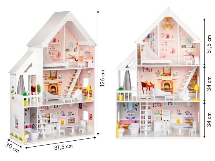 Drewniany domek dla lalek Rezydencja Pudrowa 126 cm z 3 piętrami i 15 mebelkami