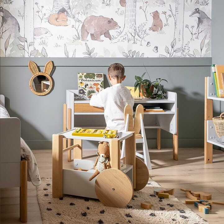 Drewniana szafa modułowa niska 2d1S dwudrzwiowa + szuflada NOOI 81x53x100cm wysokości szara, różne kolory - aranżacja w pokoju