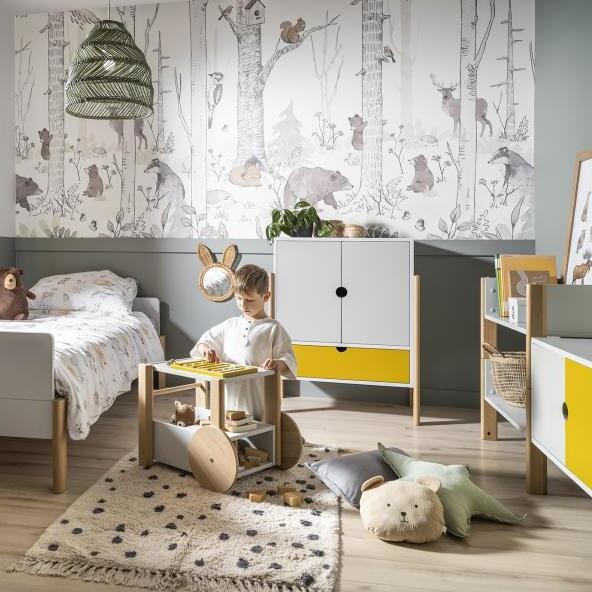 Drewniana szafa modułowa niska 2d1S dwudrzwiowa + szuflada NOOI 81x53x100cm wysokości szara, różne kolory - aranżacja w pokoju