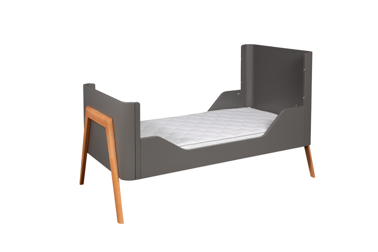 Łóżeczko dziecięce premium w kolorze Seal Grey z naturalnym wykończeniem Teak.