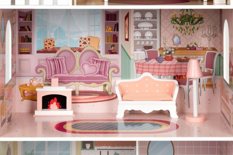duży domek dla lalek z drewnianymi mebelkami