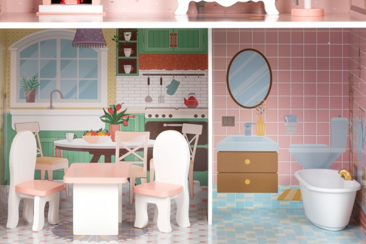 duży domek dla lalek z drewnianymi mebelkami