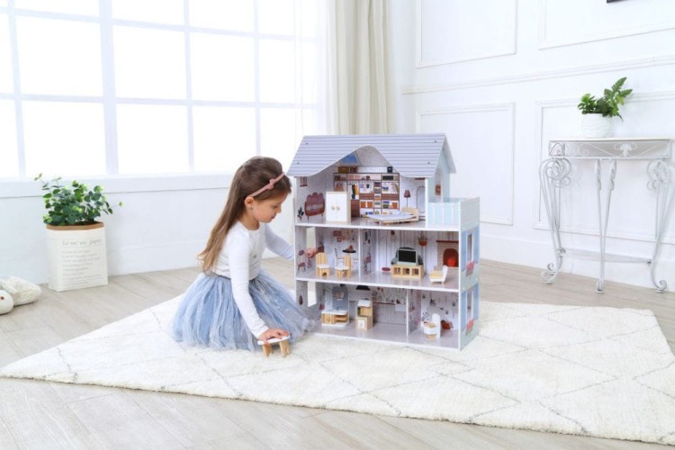 Drewniany domek dla lalek z mebelkami ECOTOYS Rezydencja Emma – 3 piętra i 10 kolorowych elementów