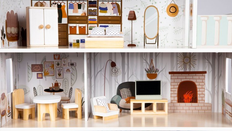 Drewniany domek dla lalek z mebelkami ECOTOYS Rezydencja Emma – 3 piętra i 10 kolorowych elementów