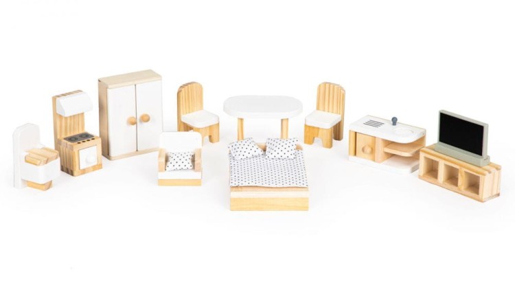 Drewniany domek dla lalek z mebelkami ECOTOYS Rezydencja Emma – 3 piętra i 10 kolorowych elementów
