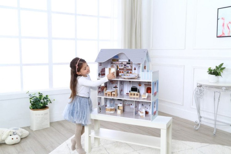 Drewniany domek dla lalek z mebelkami ECOTOYS Rezydencja Emma – 3 piętra i 10 kolorowych elementów