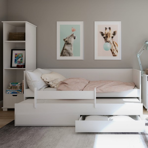 Łóżko dziecięce 4w1 z szufladami – sofa, łóżko pojedyncze i wysuwane łóżko podwójne w kolorze różowym.