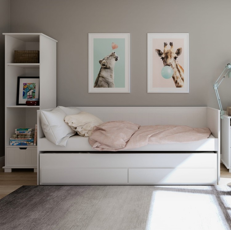 Łóżko dziecięce 4w1 z szufladami – sofa, łóżko pojedyncze i wysuwane łóżko podwójne w kolorze różowym.