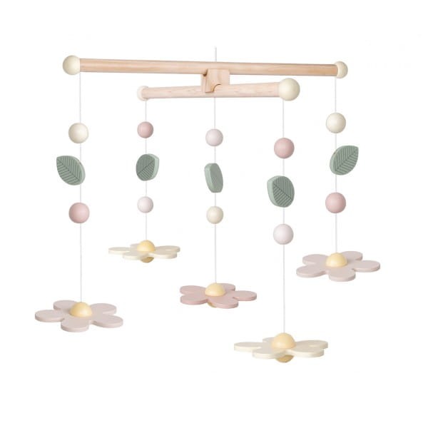 Urocze drewniane mobile Jabadabado z motywem kwiatów i białymi kropelkami