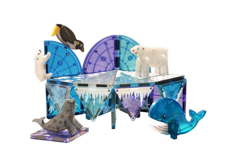 Budowla z zestawu MAGNA-TILES Arctic Animals – lodowe góry i jaskinie z magnetycznych płytek.