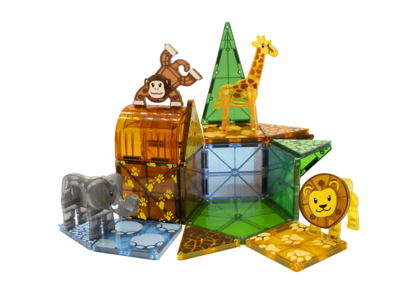 zestaw MAGNA-TILES Safari Animals 25 elementów – kolorowe płytki i figurki lwa, słonia, żyrafy i małpy.