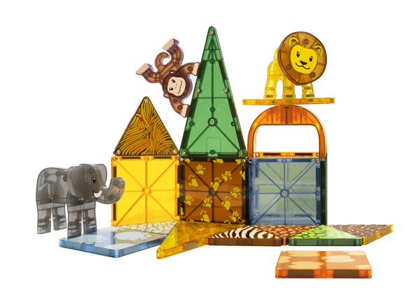 zestaw MAGNA-TILES Safari Animals 25 elementów – kolorowe płytki i figurki lwa, słonia, żyrafy i małpy.