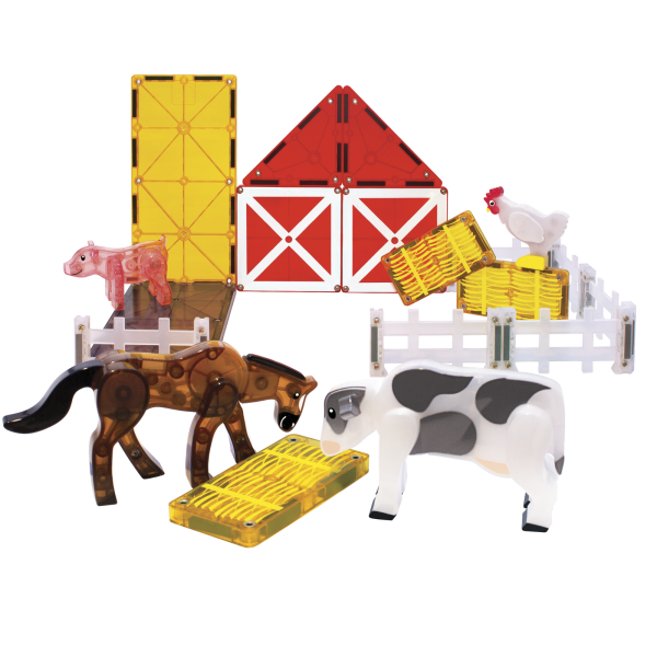 Zestaw MAGNA-TILES Farm Animals 25 elementów – kolorowe płytki i figurki zwierząt gospodarskich.