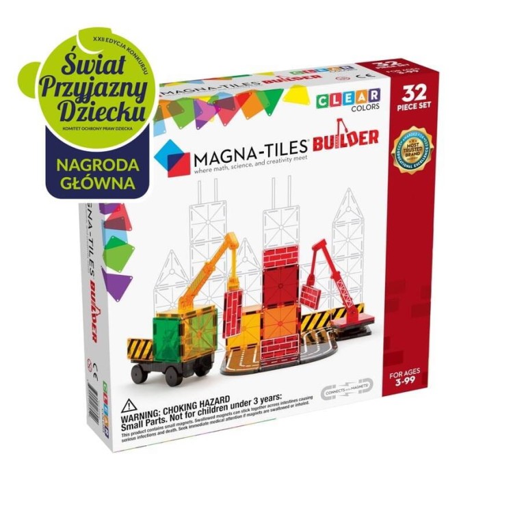 Zestaw MAGNA-TILES Builder 32 elementy – kolorowe płytki magnetyczne i dźwig.