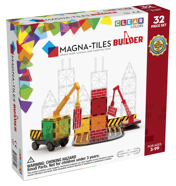 Zestaw MAGNA-TILES Builder 32 elementy – kolorowe płytki magnetyczne i dźwig.