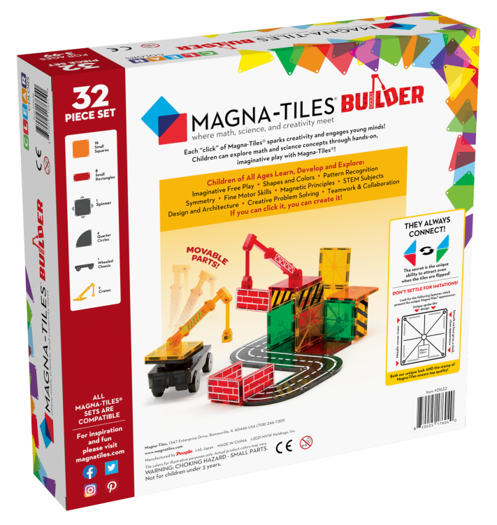 Zestaw MAGNA-TILES Builder 32 elementy – kolorowe płytki magnetyczne i dźwig.