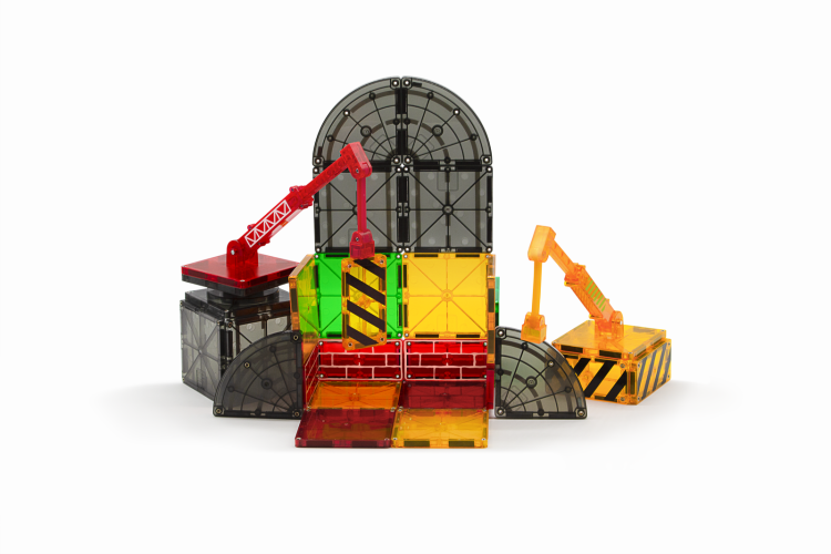 Zestaw MAGNA-TILES Builder 32 elementy – kolorowe płytki magnetyczne i dźwig.